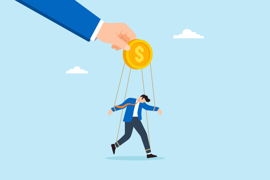 Flat illustration of businessman controlled by giant hand holding gold coin like puppet symbolizing financial manipulation money power income dependency and economic control