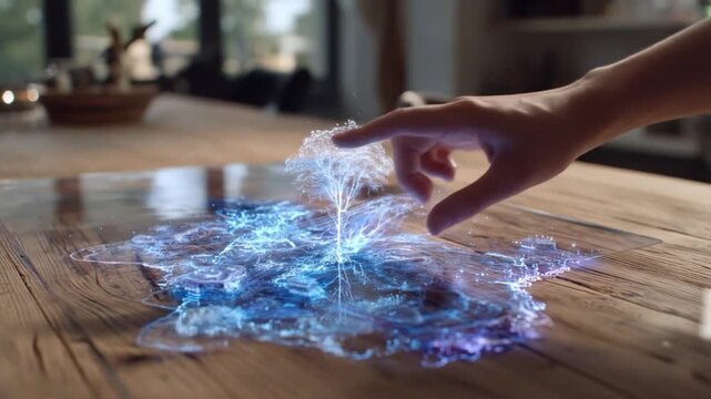 Hand interacting with glowing digital display on wooden surface