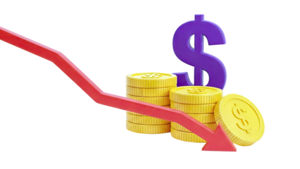 Financial Downturn: Red Arrow, Dollar Symbol, and Falling Coins