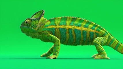 Close-up of a veiled chameleon walking across a vibrant green screen backdrop, concept for chroma key compositing, educational content and nature documentaries