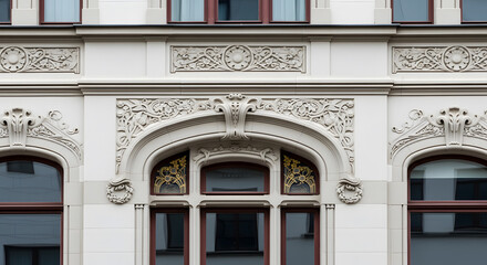 Obraz premium Closeup of Art Nouveau facade detail with floral stone carvings