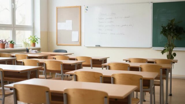 Bright and Inviting Classroom Setting with Desks and Chalkboard for Educational Purposes
