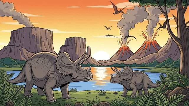 Prehistoric Dinosaur Scene Triceratops Volcano Eruption Sunset