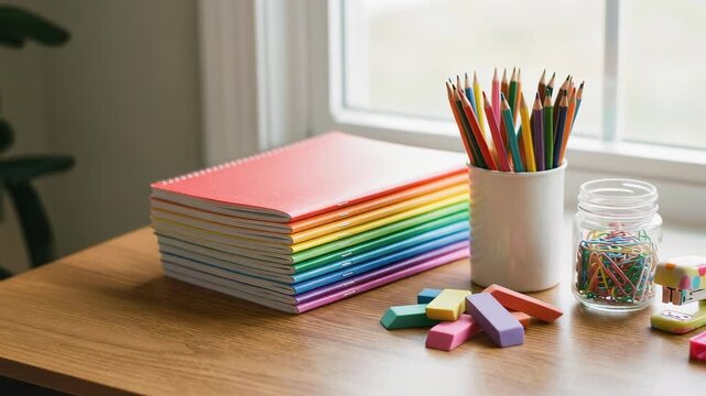 Colorful stationery supplies for creative projects and schoolwork, featuring notebooks, pencils, and accessories