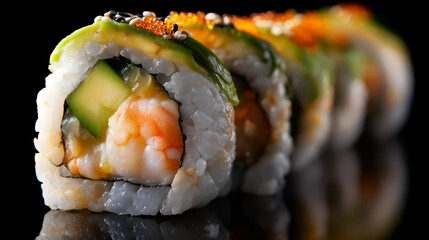 A beautifully arranged sushi roll featuring fresh shrimp, avocado, and cucumber. Perfect for food lovers and culinary enthusiasts seeking vibrant dishes.