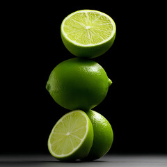 A stack of fresh, vibrant limes showcasing their juicy texture and bright color against a dark background, perfect for culinary or beverage themes.