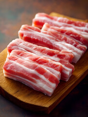 Freshly sliced pork belly arranged on a wooden cutting board, showcasing its marbled texture and vivid colors, perfect for culinary presentations.