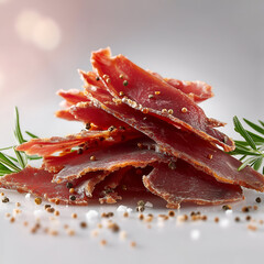 A delectable stack of dried beef jerky, seasoned with herbs and spices, presented elegantly on a bright background, ideal for culinary showcases.