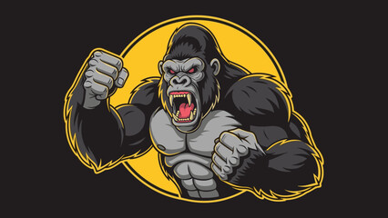 Powerful gorilla mascot with an angry expression and clenched fists stands in front of a yellow circular background design.