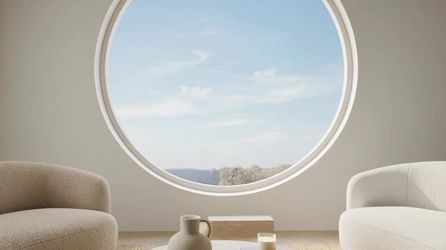 Modern minimalist living room with unique round window and stylish furniture for contemporary home design