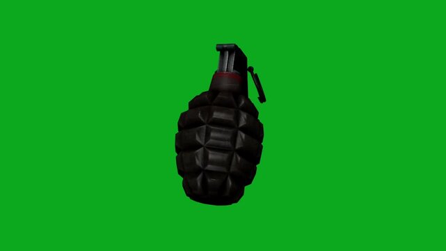 A hand grenade animation is rotating on a green background.