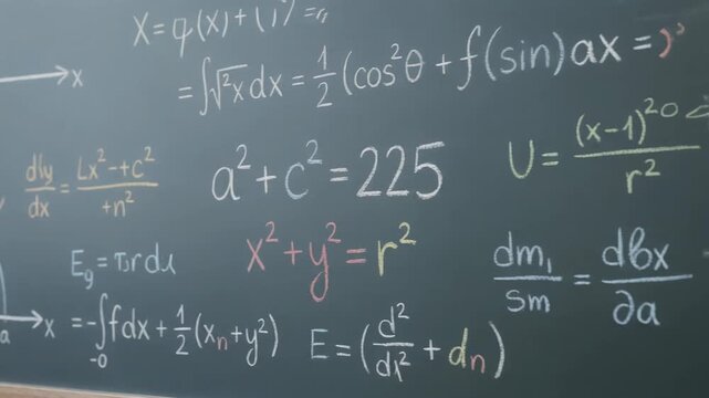 Mathematical formulas and equations on a chalkboard in a study setting for educational content