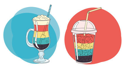 Two different types of colorful layered drinks with straws served in a glass mug and a plastic takeaway cup on circles.