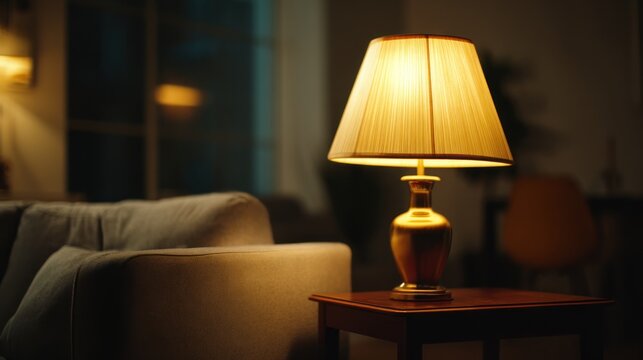 Lit lamp on table indoor warm light evening scene
