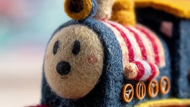 Handmade toy train with cute design and soft texture close up