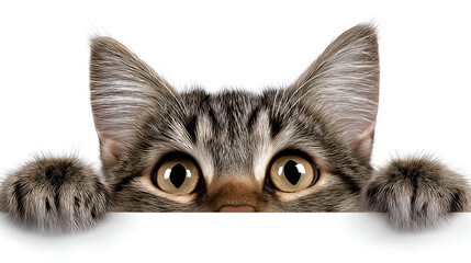 A curious tabby cat peeking over a surface, showcasing its big expressive eyes and adorable ears, capturing the essence of feline playfulness.