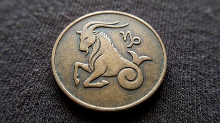Capricorn zodiac sign emblem on bronze coin. Mythical sea-goat symbol in circular design. Astrology and horoscope illustration for daily fortune and personality traits.