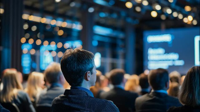 Audience watching ai presentation in modern conference venue  