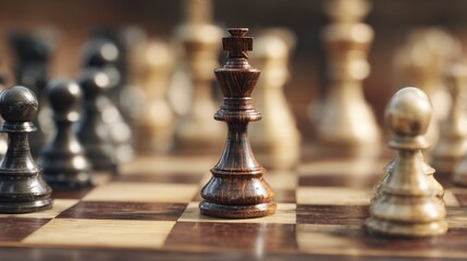 Chessboard Strategy: The dark king chess piece takes center stage, positioned strategically on a checkered chessboard, symbolizing strategic decision-making and the art of tactical planning.
