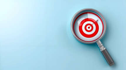 A close-up view of a magnifying glass focused on a red and white target on a blue background, symbolizing goals, focus, and precision in business.