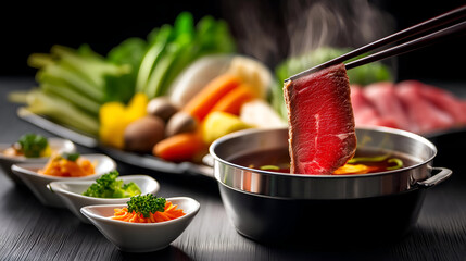 A delicious hot pot meal featuring fresh vegetables, sliced meat, and dipping sauces, showcasing the vibrant colors and textures of Asian cuisine.