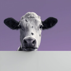 A close-up of a curious cow's face against a stylish purple backdrop, showcasing its distinctive features and adorable expressions.
