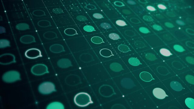 Futuristic Digital Communication Network with Glowing Chat Icons Background-Loopable