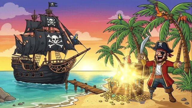 Pirate Treasure Island Cartoon Illustration Sunset