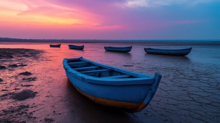 Fototapeta premium A serene sunset scene features blue boats resting on dry land, surrounded by vibrant colors illuminating the sky.