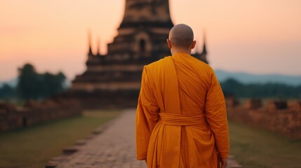 A monk in an orange robe walks towards a historical temple at sunset, symbolizing peace and spirituality.