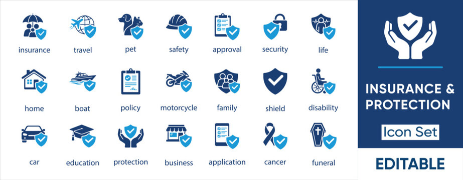 Insurance icon set. Containing protection, security, life, home, car, family, travel, health, safety and more. Solid vector icons collection.