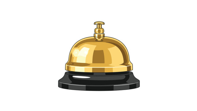 Shiny golden service bell sitting on a black base for hotel reception concierge or customer service desk concepts.