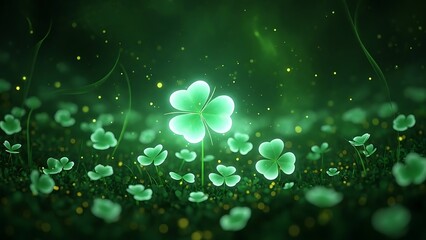 St patrick's day shamrocks glowing green in the dark lucky four leaf clover