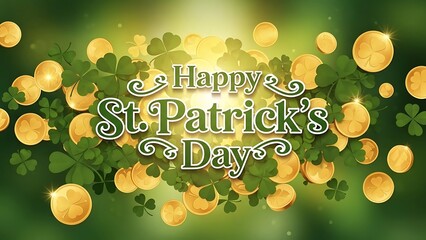 Happy st patrick's day celebration with shamrocks and gold coins