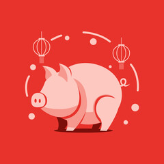 Obraz premium Chinese Zodiac Pig Flat Vector Illustration with Red Lanterns for Lunar New Year