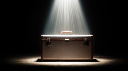 Spotlight on Mystery: A vintage suitcase stands center stage, bathed in a dramatic beam of light, hinting at untold stories and hidden treasures within.