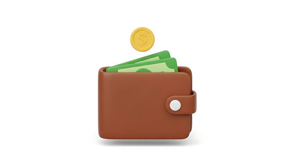 3D Brown Wallet with Green Banknotes and Floating Gold Dollar Coin Isolated on White Background