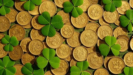 St patrick's day gold coins and shamrocks lucky charm background