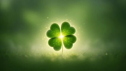 Lucky four leaf clover on st patrick's day background with green glow