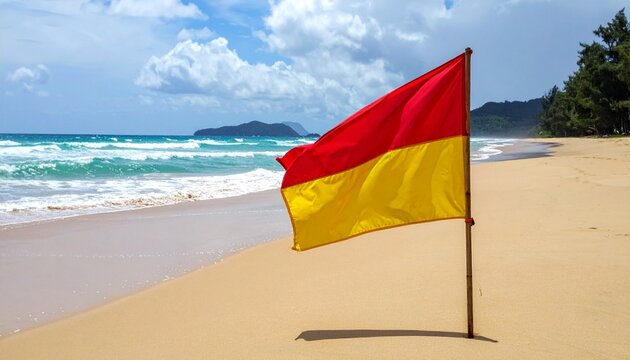 "Show red and yellow horizontal flag planted in beach sand, turquoise ocean with gentle waves, partly cloudy sky, distant hilly landmass."