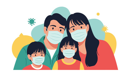 Family of four wearing protective medical face masks to stay safe from virus particles and airborne diseases in a public space.