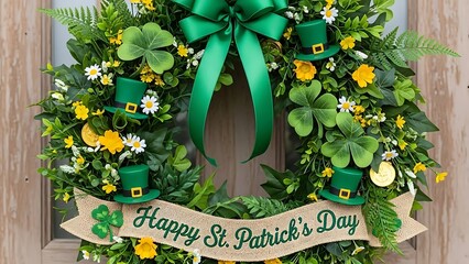 St patrick's day wreath with green ribbon and shamrocks decorations