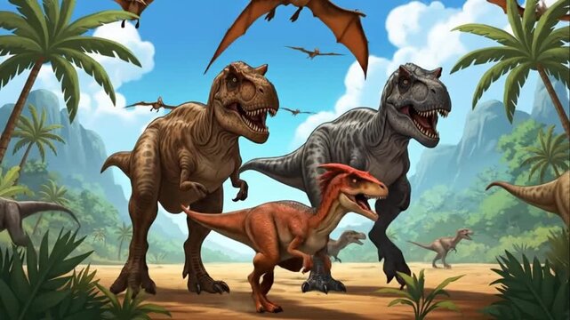 Prehistoric Dinosaur Scene Featuring T-Rex and Raptors in Jungle Landscape