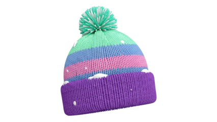 Striped knit winter hat with pom-pom and snow accents