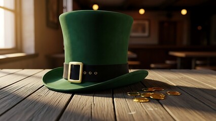 St patrick's day green top hat with gold buckle and coins on wooden table