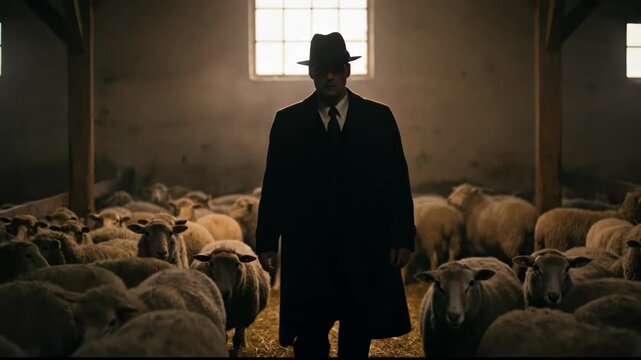 Mysterious Figure in Dark Coat and Hat Stands Among Sheep in Dimly Lit Barn Creating Enigmatic Suspenseful Atmosphere