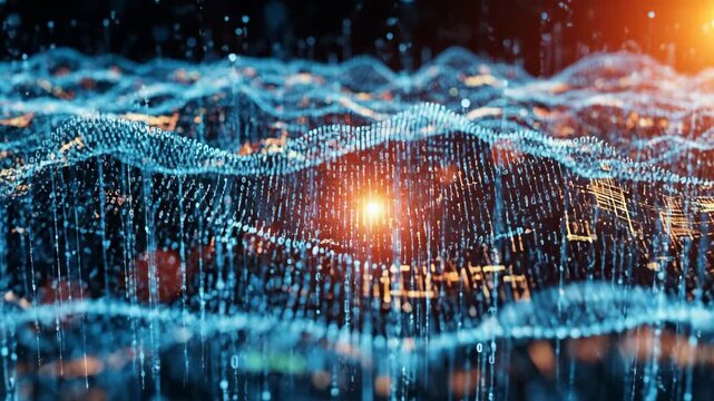 Digital Landscape of Glowing Blue and Orange Data Waves with Binary Code and Dynamic Light Effects Creating Futuristic Atmosphere