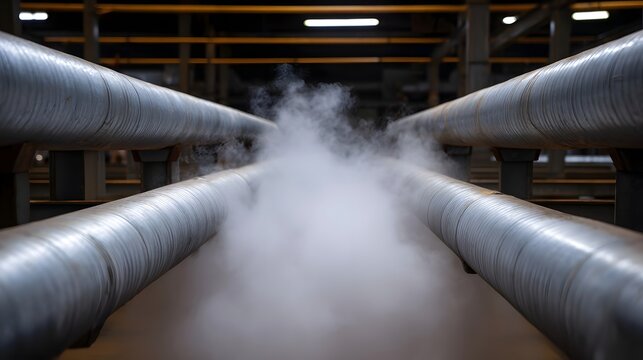 Two parallel industrial pipes with insulation releasing thick clouds of steam in a factory setting