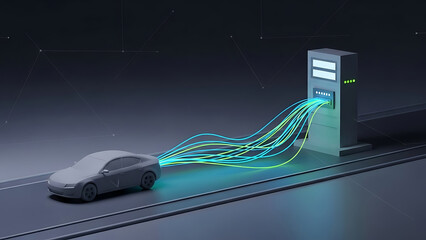 Advanced 3d edge computing concept illustrating high-speed data transfer from an autonomous vehicle to a local server infrastructure, optimizing real-time processing and connectivity.