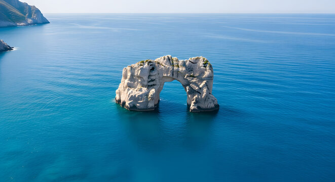 Natural sea arch rock formation in the turquoise Ionian Sea, Zak